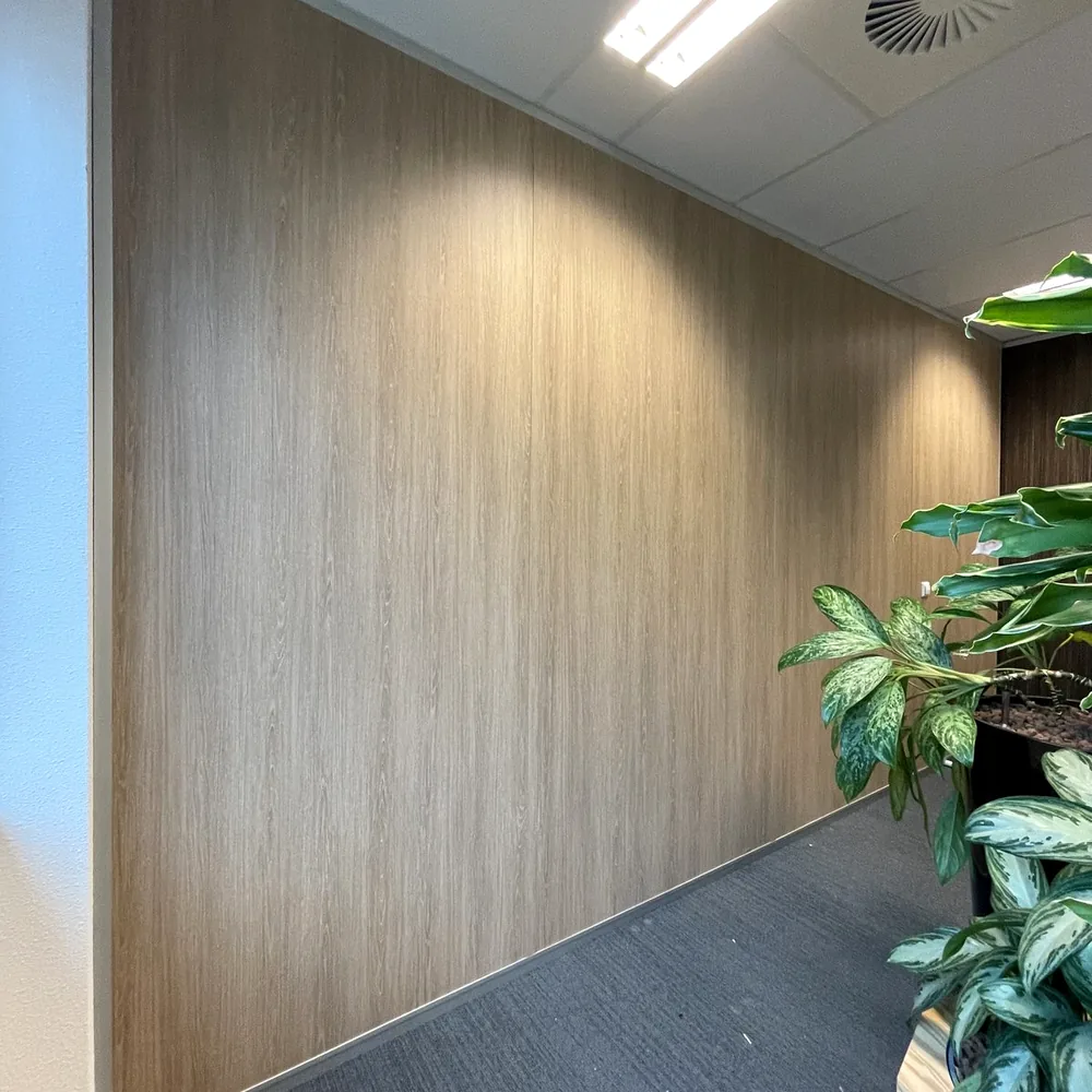Kantoorwand in houtlook van dichtbij, met een plant ervoor