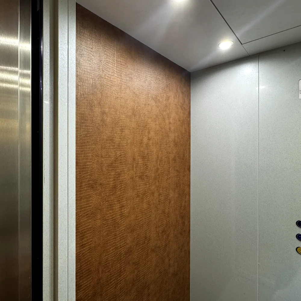 Zijwand van de lift in bruine leather look, naast grijze wanden