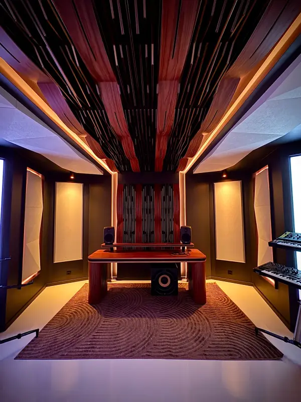 Muziekstudio met een audiomeubel dat deels is gewrapt