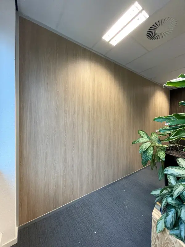 Wand in houtlook van dichtbij, met een plant ervoor